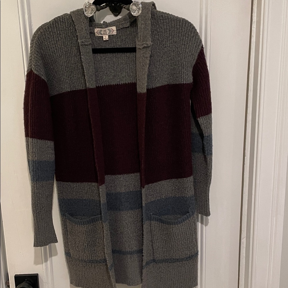 Pink Rose Gray and Burgundy Hooded Cardigan